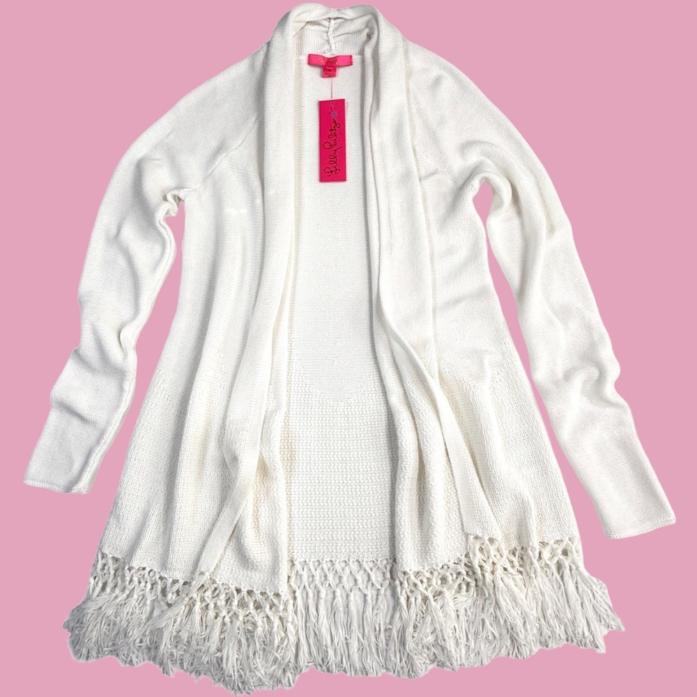 Lilly Pulitzer Tatum Cardigan White Open Front Fringe Scallop Sweater Hem Size S